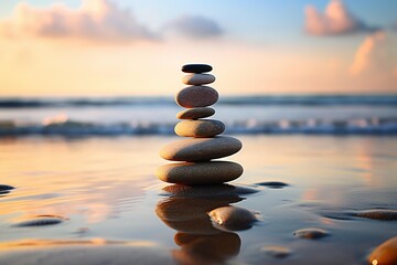 Fototapeta na wymiar A stack of zen stones balanced on a beach at low tide