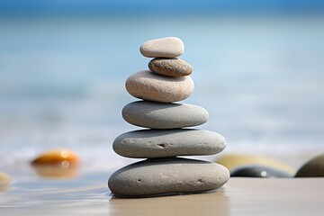 A stack of zen stones balanced on a beach at low tide
