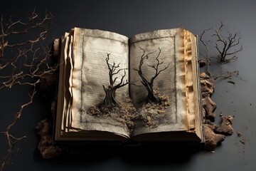 Ash-covered vintage book open to a poignant chapter - obrazy, fototapety, plakaty