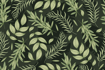 Decorative natural green twig with leaves. Vector seamless flat pattern, plant branches.