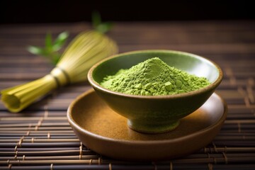 A vibrant green matcha tea powder sprinkled on a bamboo mat