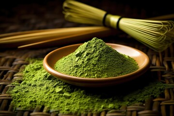 A vibrant green matcha tea powder sprinkled on a bamboo mat