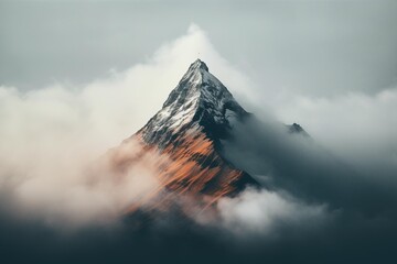 Aerial view of a lone mountain peak breaking through morning mist