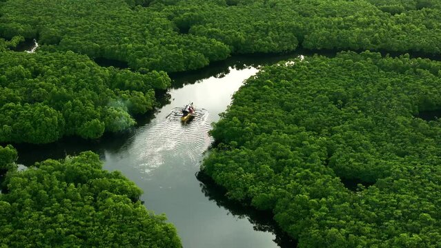 Aerial view of people on a canoe sailing along the Maasin River, Siargao, Philippines.