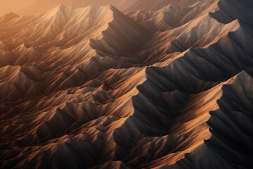 Dramatic aerial view of a mountain ridge at sunset with shadow patterns
