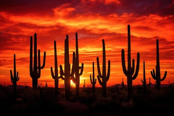 Cactus silhouettes against a vibrant desert sunset sky