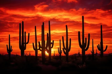 Keuken foto achterwand Cactus silhouettes against a vibrant desert sunset sky © Dan