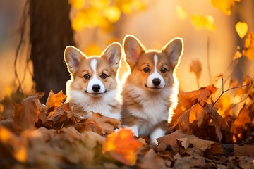 Naklejka na ściany i meble Pets, two cute corgi puppies lie in the autumn leaves in the park. Walks in the fresh air with your favorite pets. Sunset.Pet care.Close-up. Copy space. Generative AI