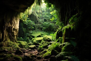 Moss and ferns growing on the floor of a sunlit cave entrance