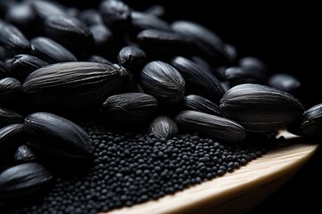 Macro of ash grains contrasting with a black background