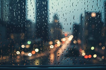 Raindrops on a skyscraper window with blurred city lights in the background