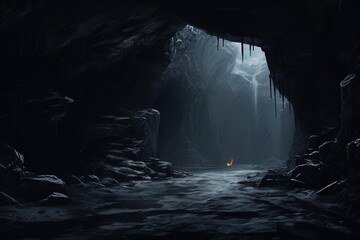 Snow accumulating at the mouth of a cave with the cave interior in darkness