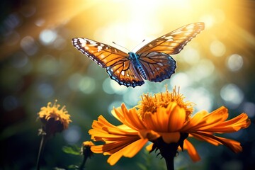 Fototapeta na wymiar Sunlight filtering through the wings of a butterfly perched on a flower