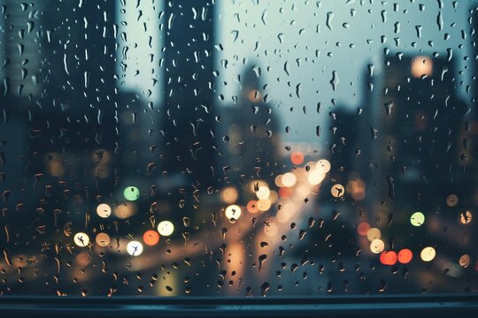 Fototapeta Raindrops on a skyscraper window with blurred city lights in the background