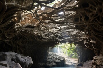 Snaking roots from above-ground trees penetrating a cave ceiling - obrazy, fototapety, plakaty