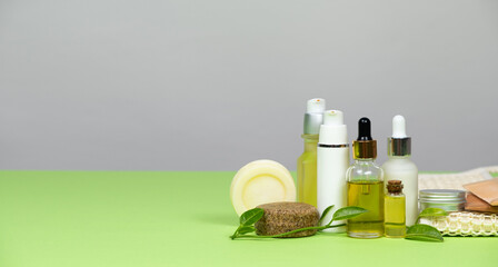 Natural cosmetics for face and body skin care, hair. Plastic-free, eco-friendly packaging. Long banner.