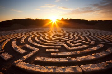 Fototapeta na wymiar Setting sun casting long shadows over a labyrinth made of stones
