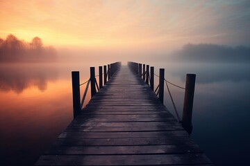 Fototapeta na wymiar Wooden pier stretching into a foggy lake at dawn