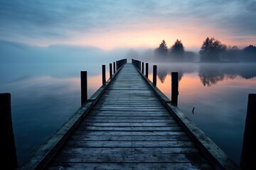 Wooden pier stretching into a foggy lake at dawn