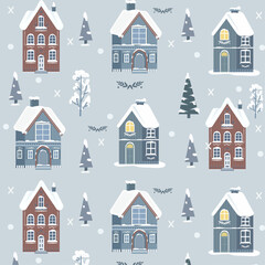 Set of seamless patterns in Scandinavian style. Christmas patterns with houses.