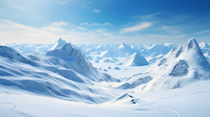 Deurstickers Frozen Majesty, Wide-angle view of snowy mountains embracing extreme lifestyle, against a blue winter sky © ELmahdi-AI