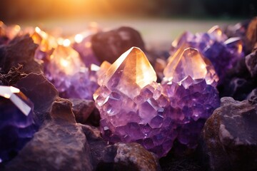 Amethyst crystals growing out of a geode, positioned in soft, golden-hour lighting - obrazy, fototapety, plakaty