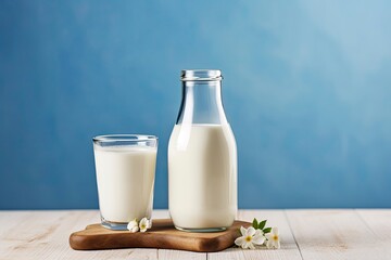 A bottle of milk and a glass of milk on a wooden table on a blue background.