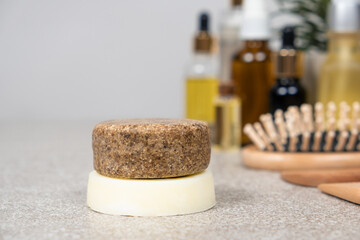 Fototapeta na wymiar Solid shampoo and conditioner for hair. Natural eco-friendly organic cosmetics
