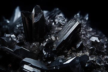 Black tourmaline surrounded by salt on a dark backdrop for contrast