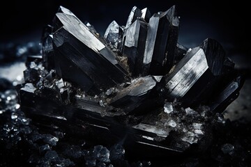 Black tourmaline surrounded by salt on a dark backdrop for contrast