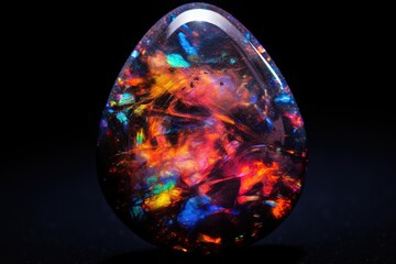 Close-up of an opal showing the play of color, against a black velvet backdrop