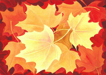 Watercolor background with autumn leaves in red-orange-yellow tones. Watercolor illustration