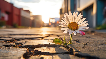 Daisy flower growing on cracked road in the city at sunset.