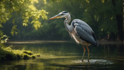 A heron bird in the lake in a forest.