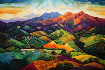 Mountain covered in a quilt of farm fields from above