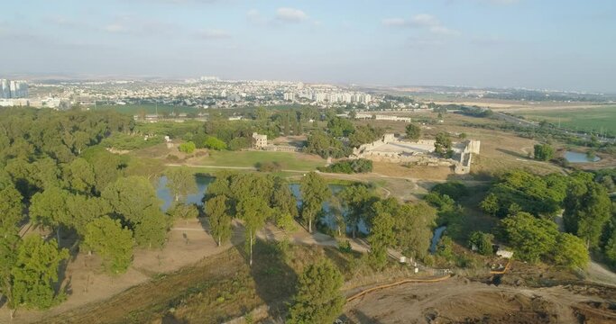 Aerial view of Tel Afek national park, Antipatris, Israel.
