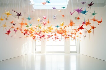 Rainbow-colored origami cranes suspended in a minimalist white room - obrazy, fototapety, plakaty