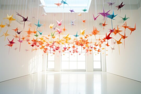 Rainbow-colored origami cranes suspended in a minimalist white room