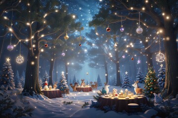nighttime magic snowy Christmas tree scene evokes wonder, with twinkling lights and a peaceful blanket of snow creating holiday charm - obrazy, fototapety, plakaty