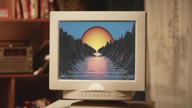Retro pc with vintage screen saver, for chroma key green screen, Old computer studio close-up, Desktop vintage retro wave display, late 90s PC mock up for 3d motion design