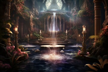 Enchanted song fountains, harmonizing with nature's melodies and creating enchanting displays - Generative AI