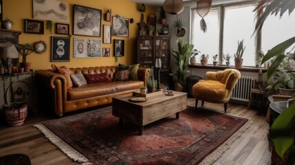 Fototapeta na wymiar Living room decor, home interior design . Bohemian Industrial style with Gallery Wall decorated with Wood and Metal material . Generative AI AIG26.