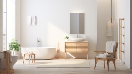  a bathroom with a tub, sink, mirror and a chair.  generative ai