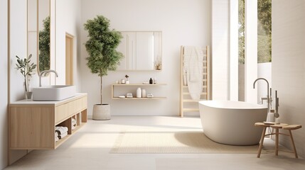 Fototapeta na wymiar a bathroom with a large tub and a sink and mirror. generative ai