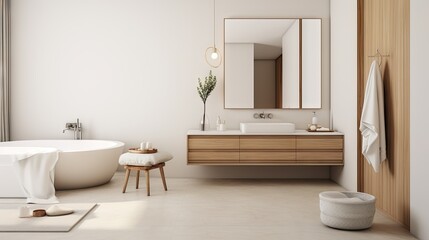  a bathroom with a large tub, sink, mirror and stool.  generative ai
