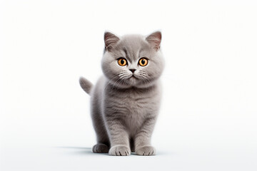 British Shorthair cat on a white background. Adorable 3D cartoon animal portrait.