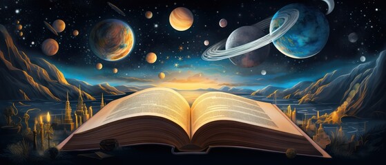 Open book revealing the solar system. space traveling. universe theme.  - obrazy, fototapety, plakaty