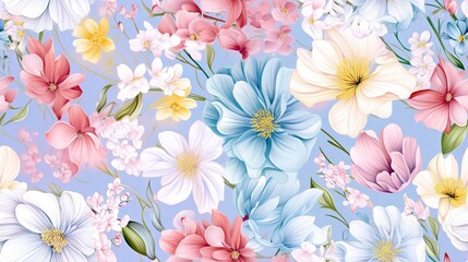Fototapeta na wymiar a bunch of flowers that are on a blue background with pink, white, and yellow flowers. generative ai