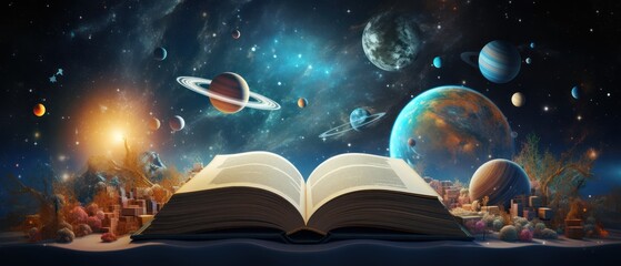 Open book revealing the solar system. space traveling. universe theme.  - obrazy, fototapety, plakaty