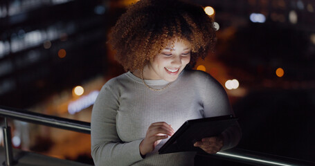 Tablet, city balcony and laughing woman reading funny social network feedback, customer experience...